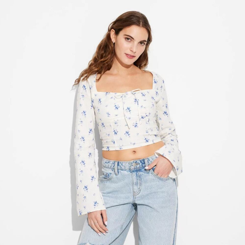 NWT milkmaid‎ floral bell sleeve crop top women's L cotton coquette summer